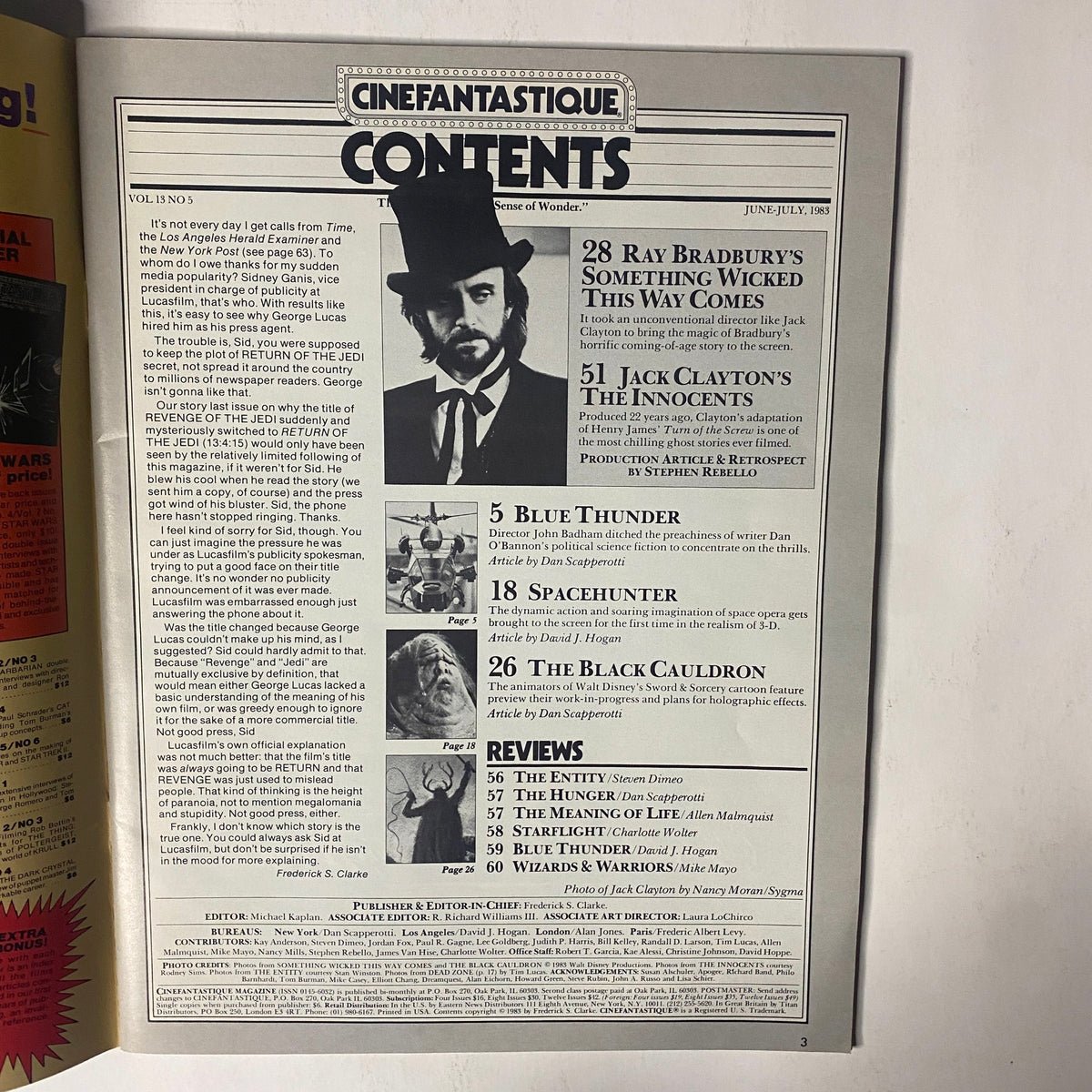 Cinefantastique Magazine June 1983 contents page detailing articles on 'Something Wicked This Way Comes', 'The Innocents', and 'Blue Thunder'.