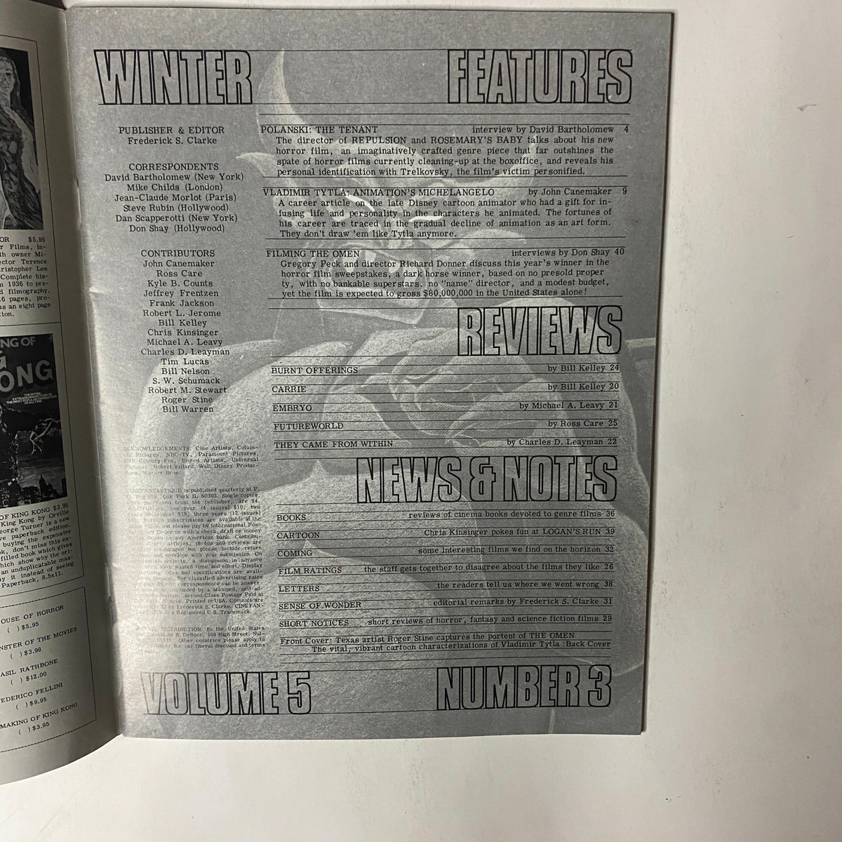 Table of contents page from Cinefantastique Magazine Volume 5 Number 3, detailing winter features, reviews, and contributor information.