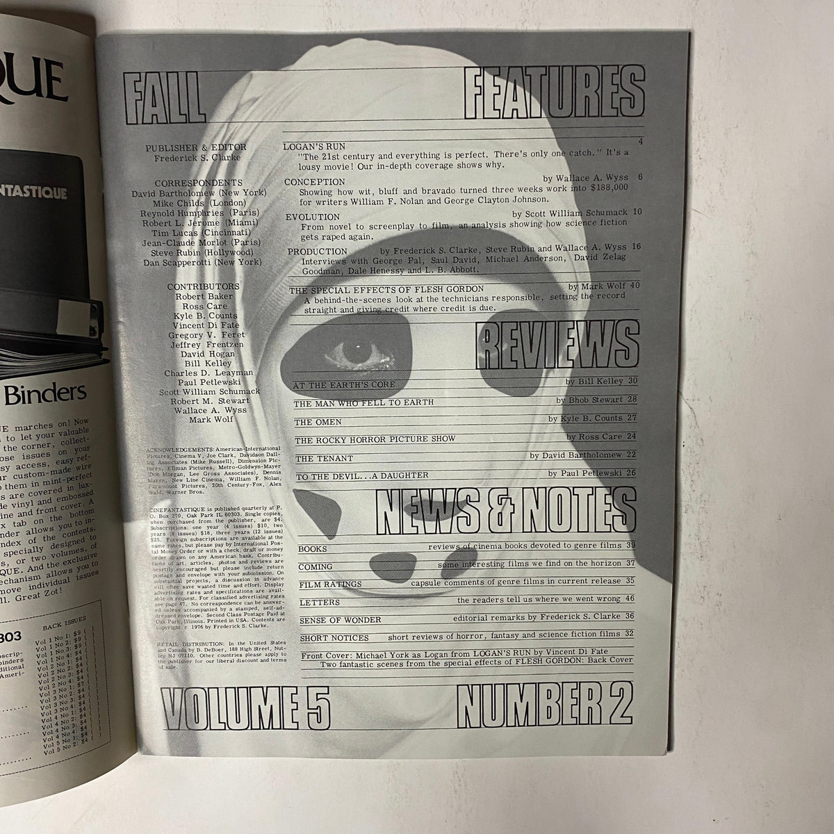 Interior page of Cinefantastique Magazine Fall 1976 Vol 5 No. 2 showcasing listings for fall features, news, and reviews including sections on Logan's Run.