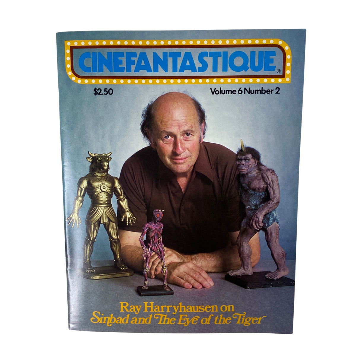 Cinefantastique Magazine Fall 1977 Vol 6 No. 2 featuring Ray Harryhausen on the cover, showcasing iconic figures from Sinbad and the Eye of the Tiger, presented in near mint condition.