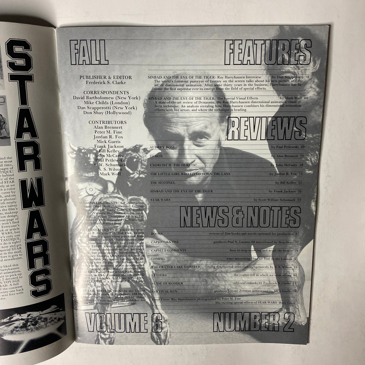 Cinefantastique Magazine Fall 1977 Vol 6 No. 2 featuring contents on Ray Harryhausen, including a focus on Sinbad and the Eye of the Tiger, with an artistic layout highlighting features and reviews.