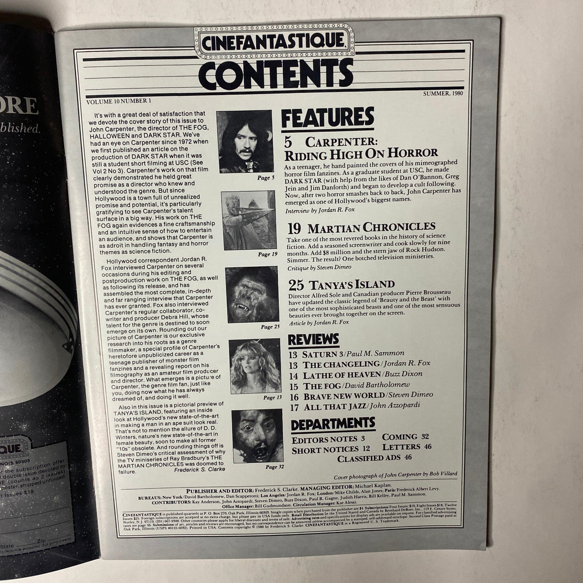 Inside contents page of Cinefantastique Magazine Summer 1980 Vol 10 No 1. Featuring articles including 'Carpenter: Riding High On Horror', 'Martian Chronicles', and movie reviews of the late 1970s and early 1980s.