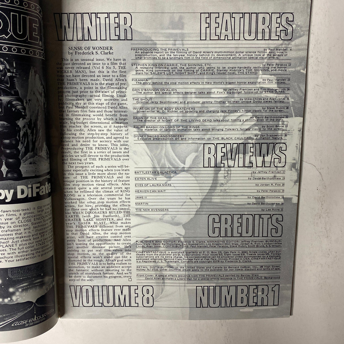 Interior page of Cinefantastique Magazine Winter 1978, Vol. 8 No. 1 displaying the table of contents, assessing features and reviews related to The Primevals and other genre films.