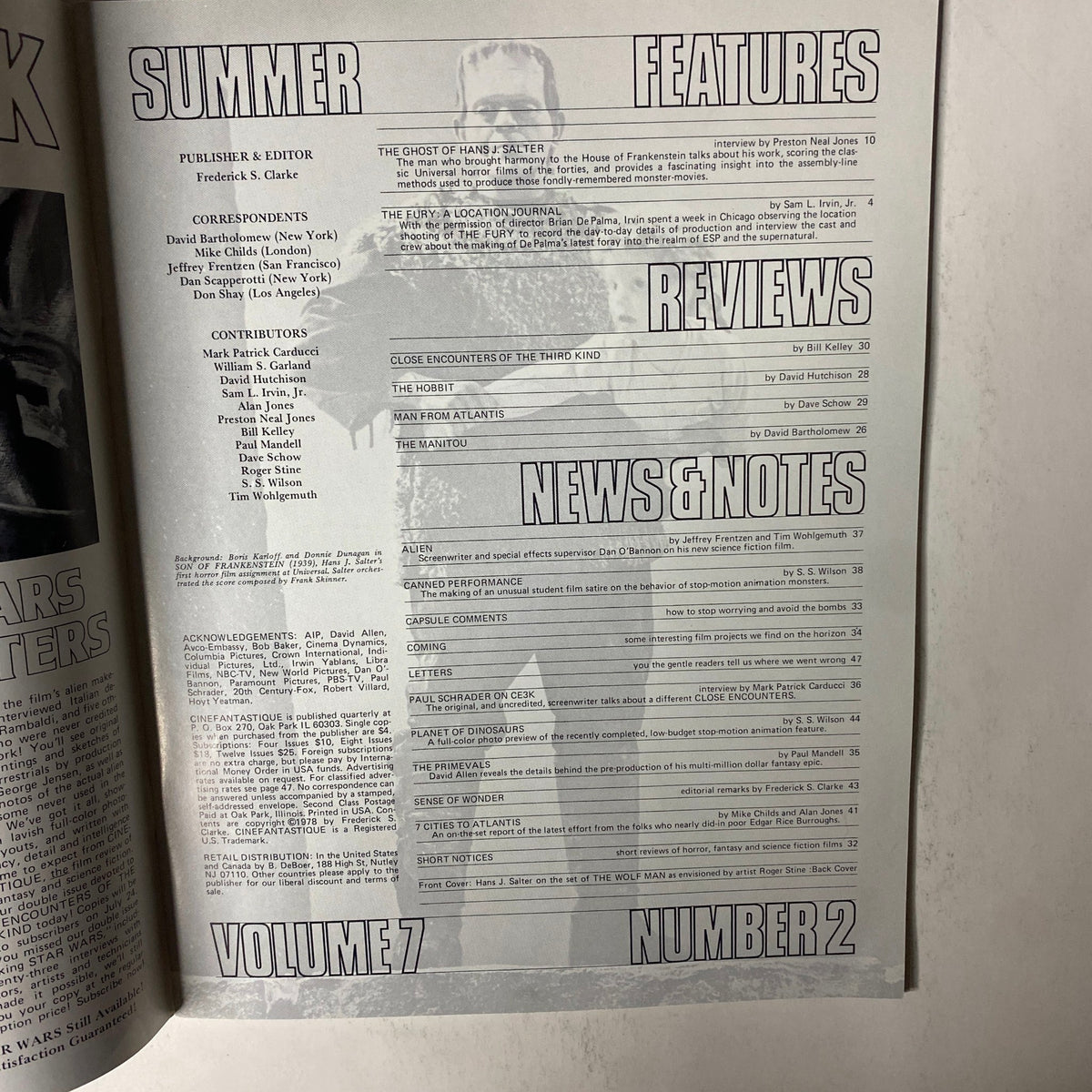 Inside page of Cinefantastique Magazine Summer 1978 Vol 7 No. 2, showcasing the table of contents, featuring segments like 'Summer Features' and 'Reviews', relevant for classic film enthusiasts.