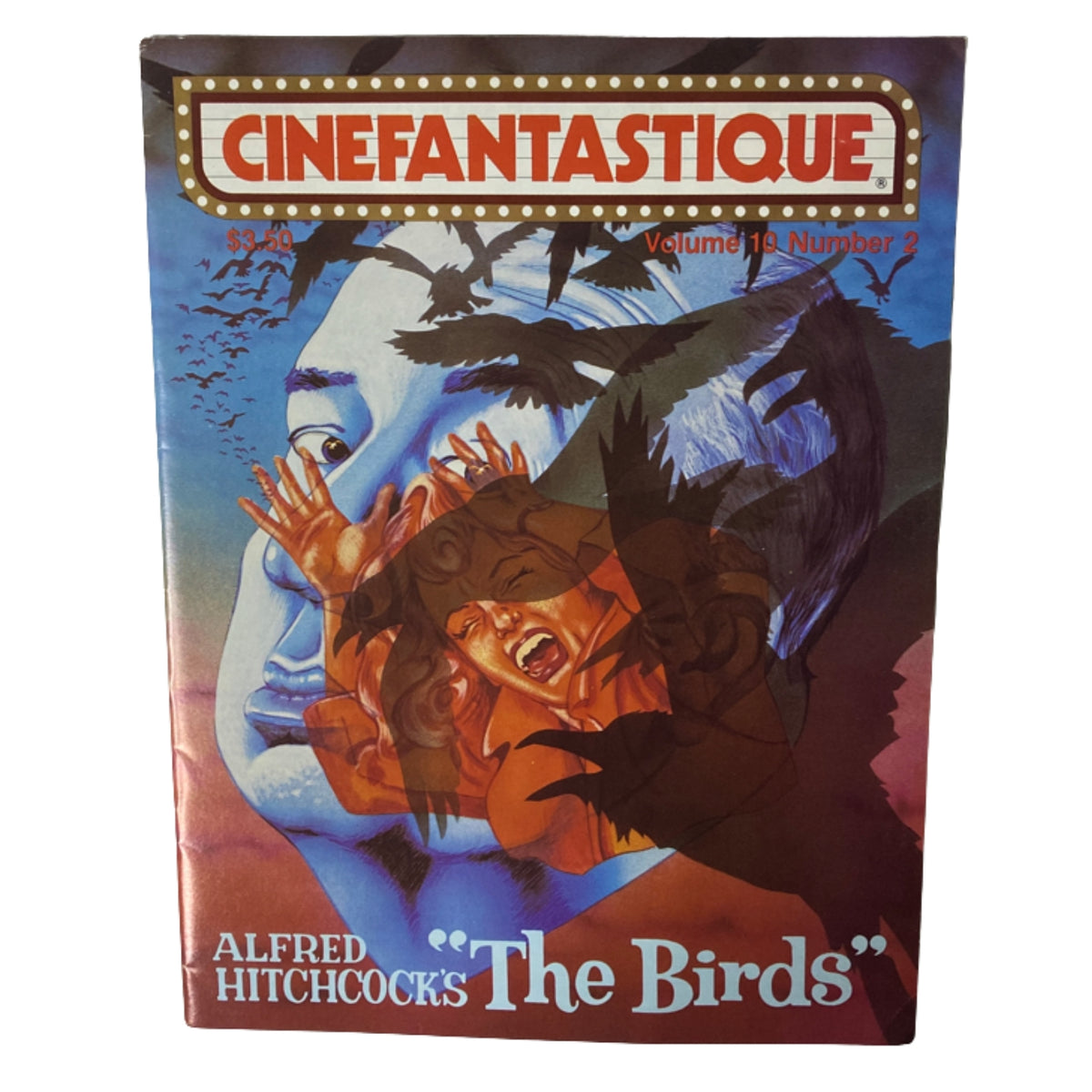 Cinefantastique Magazine Fall 1980 cover featuring Alfred Hitchcock's The Birds, showcasing artwork with iconic scenes from the film.