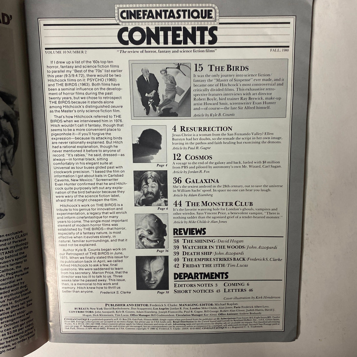 Inside contents page of Cinefantastique Magazine Fall 1980, listing articles including Alfred Hitchcock's The Birds, Resurrection, Cosmos, and more.