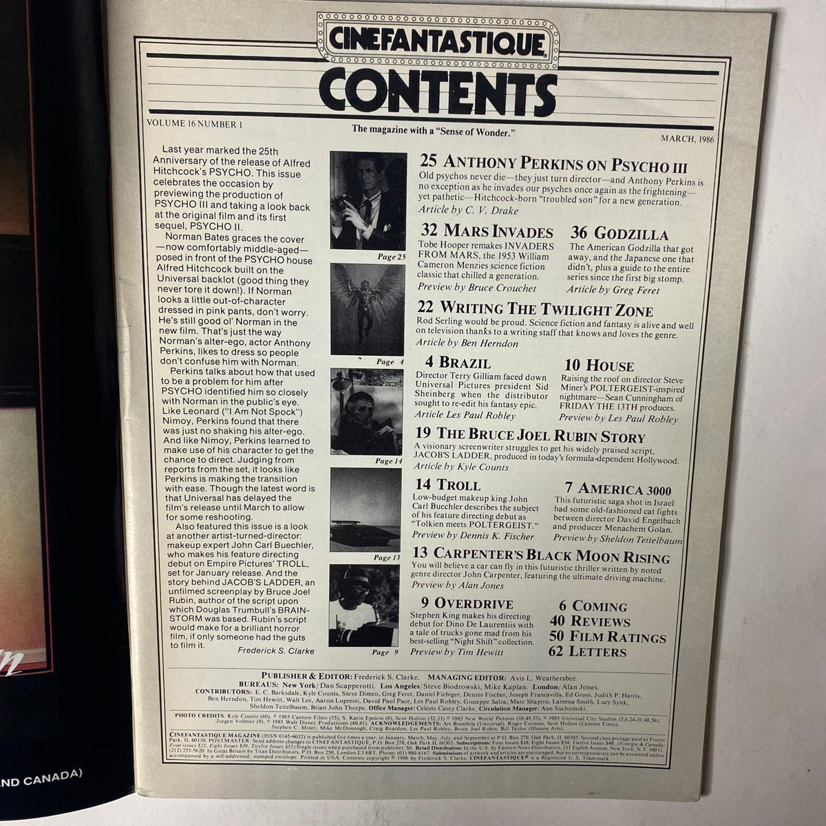 Cinefantastique Magazine March 1986 contents page listing articles on Psycho III, Brazil, and other genre highlights.