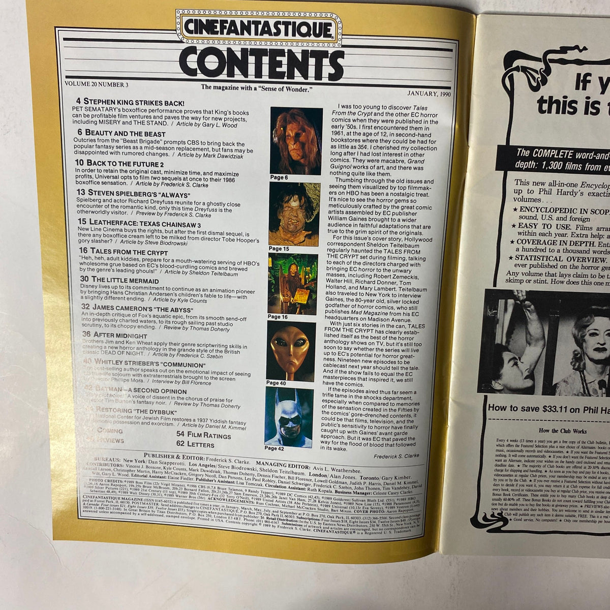 Cinefantastique Magazine January 1990 contents page showcasing articles including 'Stephen King Strikes Back!' and features on 'Tales from the Crypt' and more.
