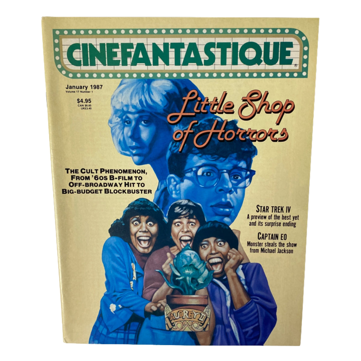 Cinefantastique Magazine January 1987 featuring 'Little Shop of Horrors' on the cover, highlighting the cult phenomenon and articles about Star Trek IV and Captain EO. Near Mint condition.