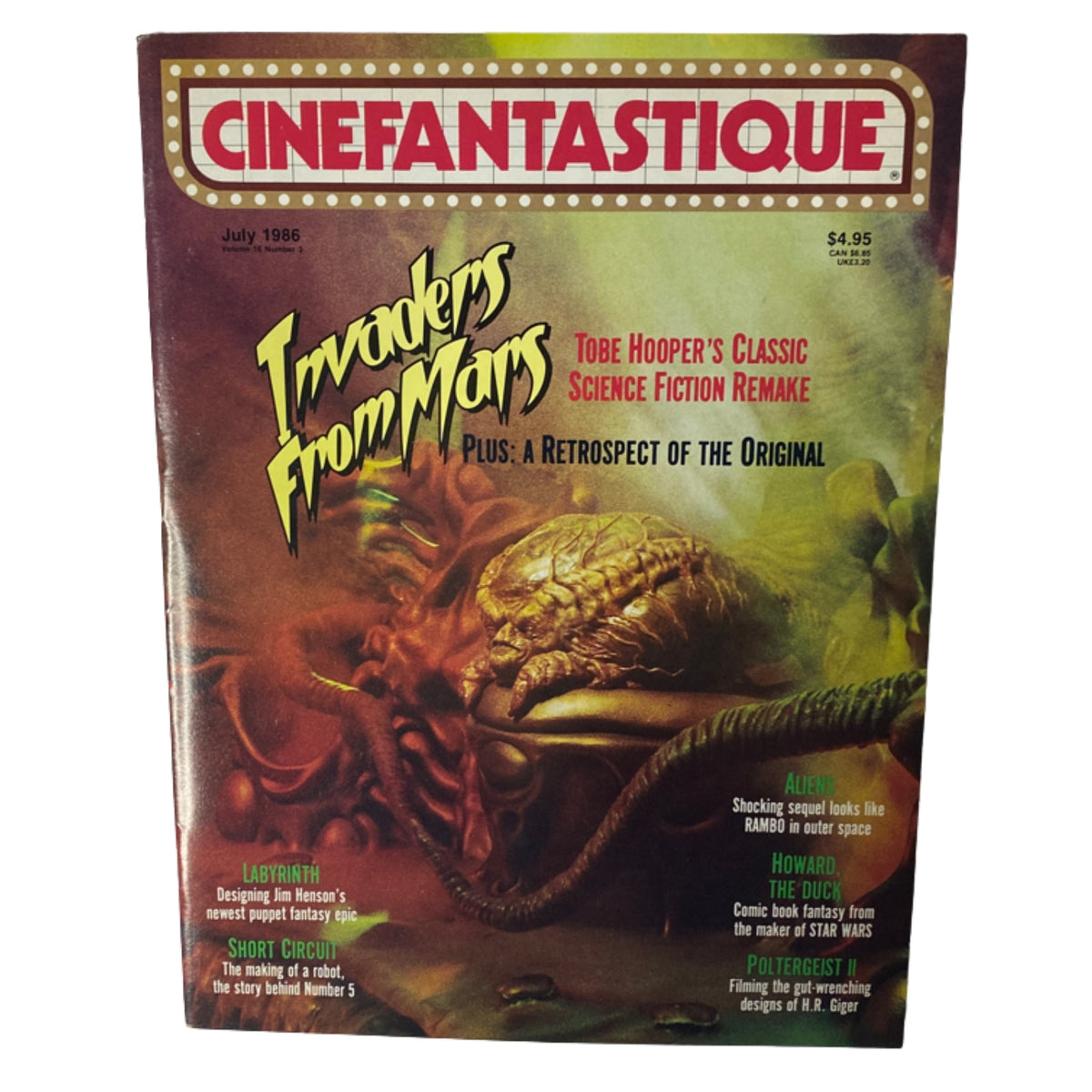 Cinefantastique Magazine July 1986 cover featuring 'Invaders from Mars' by Tobe Hooper, highlighting features on Labyrinth, Howard the Duck, and The Fly.