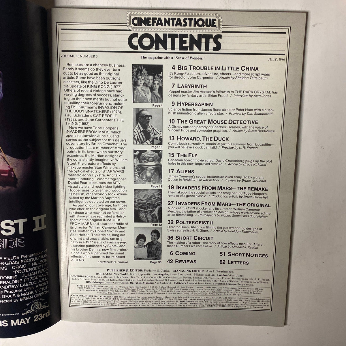 Contents page of Cinefantastique Magazine July 1986, Vol. 16, No. 3, listing articles including Invaders from Mars, Labyrinth, Aliens, and more.