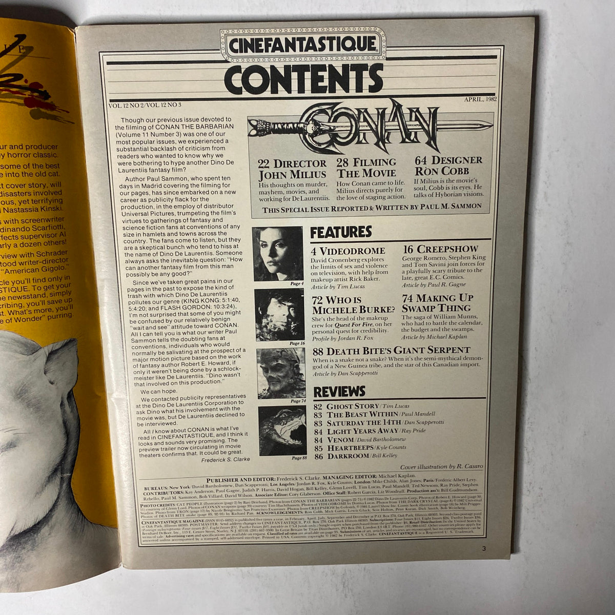 Table of Contents from Cinefantastique Magazine April 1982, Vol 12 No. 2, highlighting features on Conan the Barbarian, Videodrome, Creepshow, and other highlights of genre cinema.