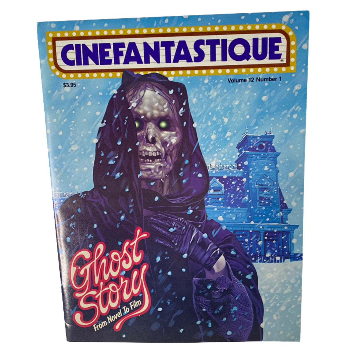 Cinefantastique Magazine February 1982 Vol 12 No. 1 featuring cover art of a skeletal figure in a dark cloak, snow falling around a haunted house, focusing on the theme of Ghost Story.