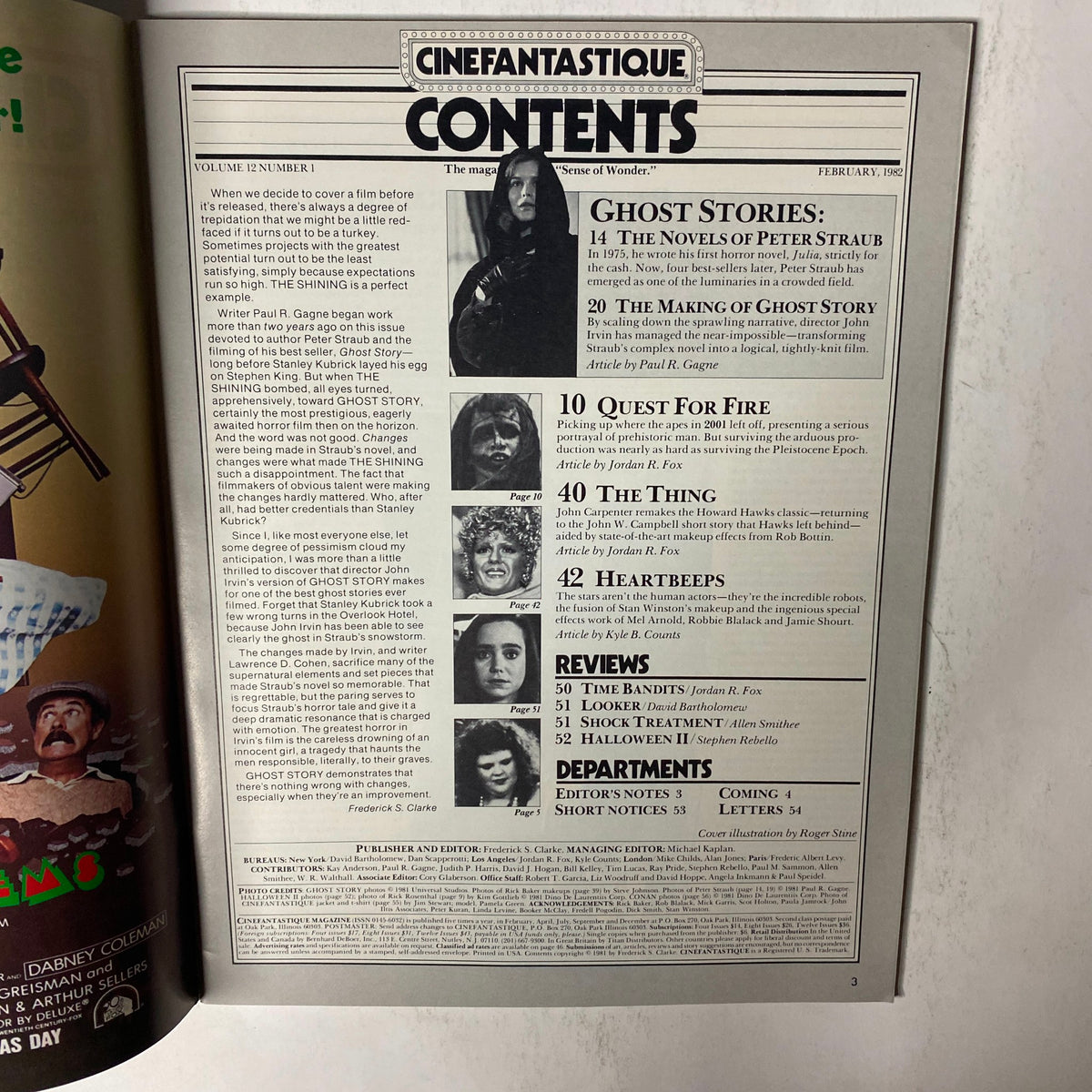 Contents page of Cinefantastique Magazine February 1982 Vol 12 No. 1 featuring articles on Ghost Story, Quest for Fire, and Heartbeeps, highlighting Peter Straub's horror works and film adaptations.