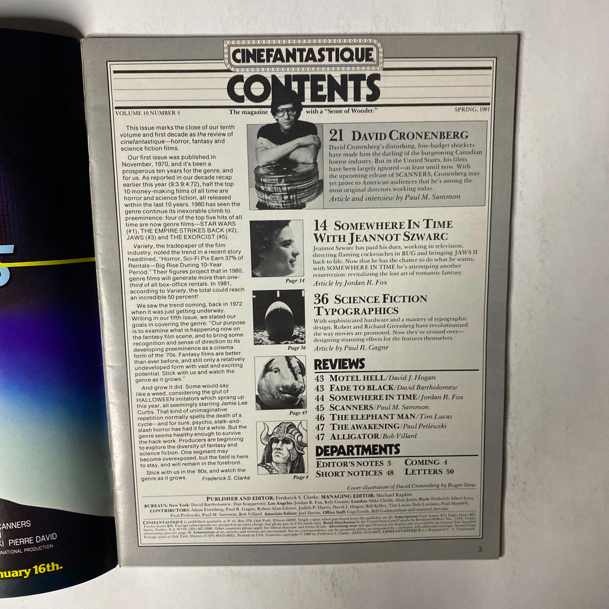 Contents page of Cinefantastique Magazine Spring 1981 Volume 10 Number 4, detailing feature articles and reviews including David Cronenberg's career overview.