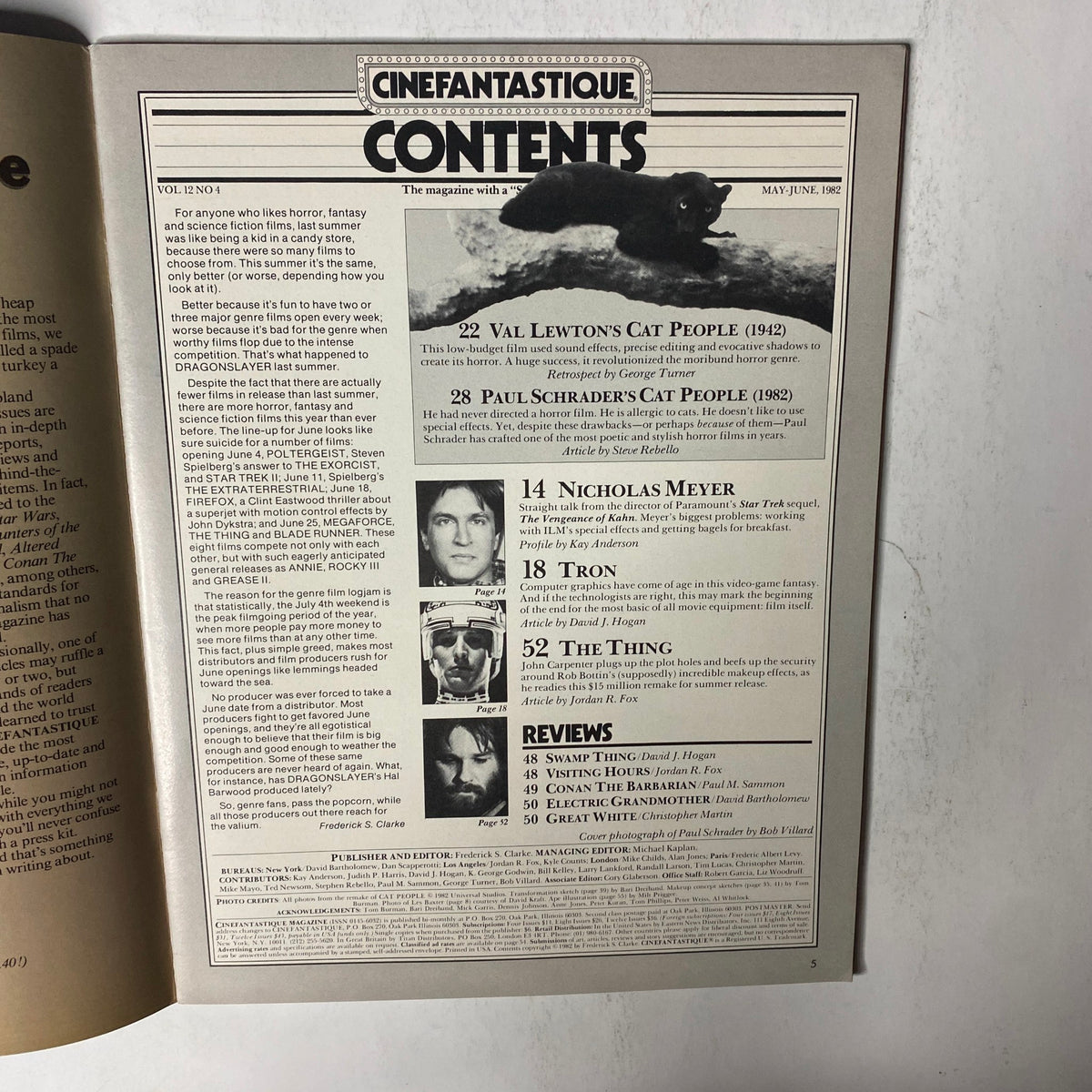 Table of contents page from Cinefantastique Magazine May 1982 Vol 12 No 4, listing feature articles about 'Cat People', Nicholas Meyer, Tron, and 'The Thing', providing insights into the magazine's focus on horror and fantasy films.