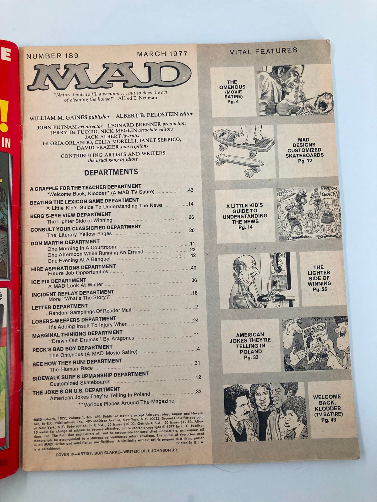 Interior page from Mad Magazine March 1977 No. 189, displaying the contents and features of the issue including sections on movie satire and various comedic articles. A classic sample of 1970s pop culture and humor.