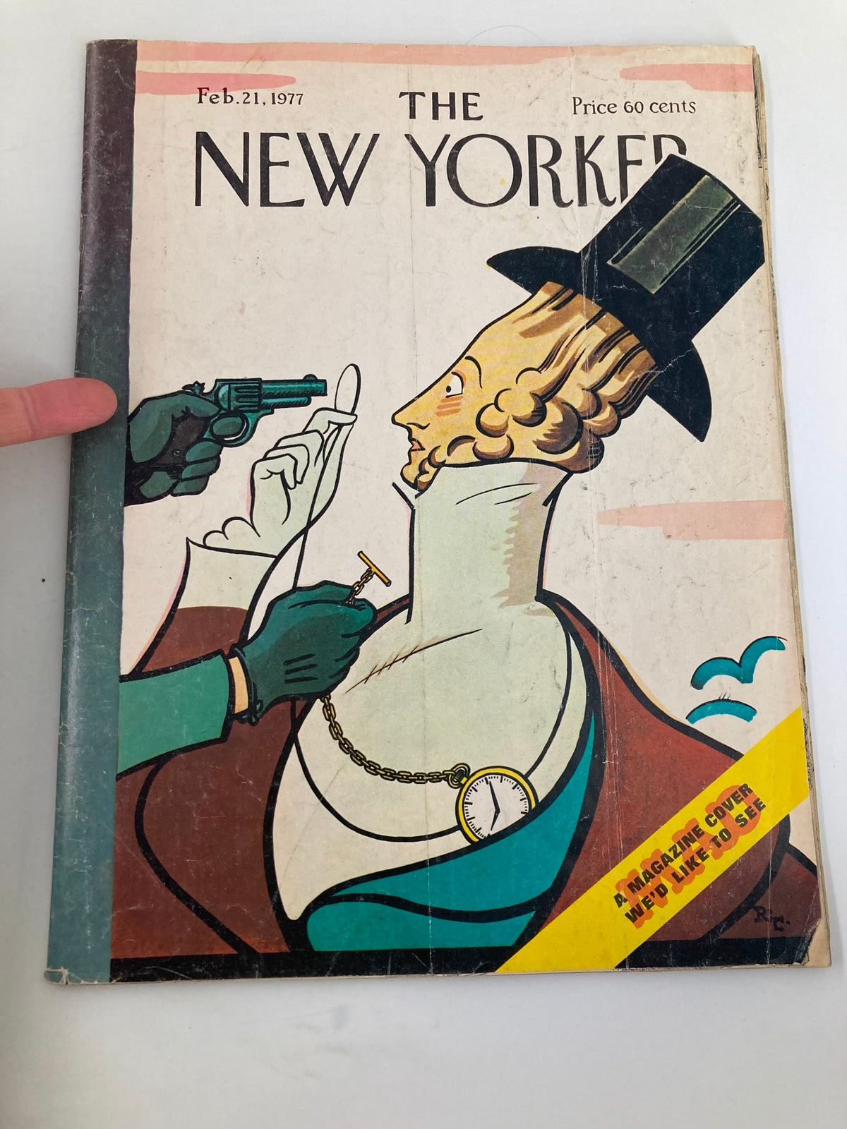 The New Yorker magazine cover dated February 21, 1977, featuring an artistic illustration of a character in a top hat being confronted, highlighting the magazine's signature satire and style. A vintage collectible piece from the era.