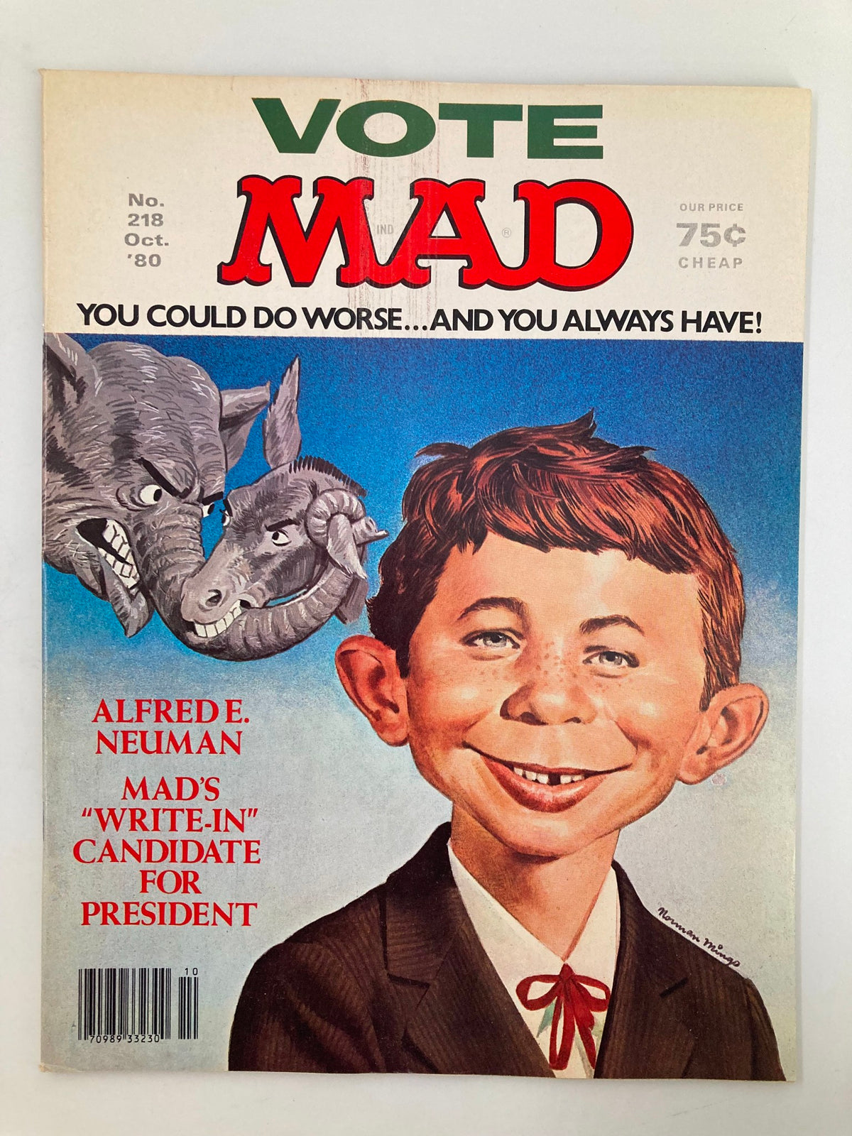 Cover of Mad Magazine October 1980 No. 218 featuring Alfred E. Neuman as MAD's write-in candidate for president with humorous illustrations of an elephant and donkey.
