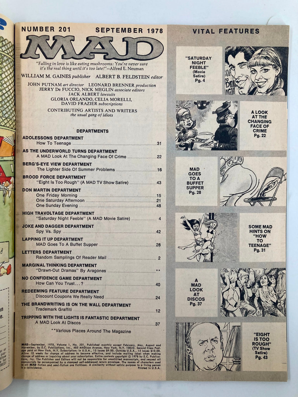 Inside page of Mad Magazine September 1978 No. 201 highlighting 'Vital Features' and content sections with humor and satire.