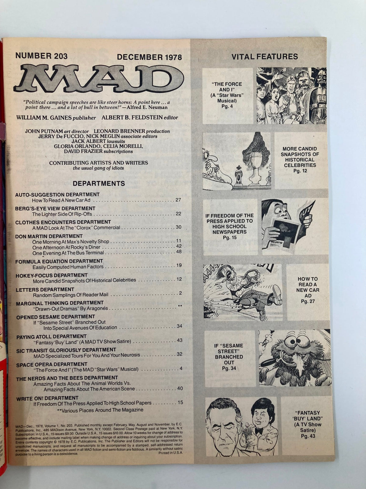 Inside page of Mad Magazine December 1978 No. 203 showcasing the table of contents with various article titles and features related to humor and pop culture, designed in a classic layout.
