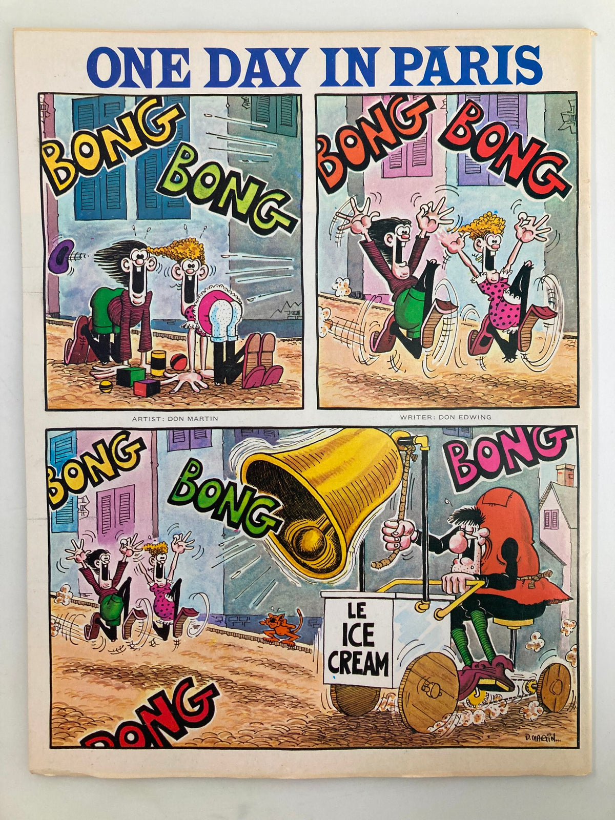 Comic strip titled 'One Day in Paris' from Mad Magazine December 1978 No. 203, illustrated by Don Martin, featuring humorous scenes with characters enjoying ice cream and comedic interactions.