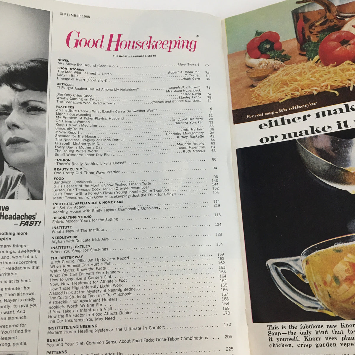 Inside spread of Good Housekeeping Magazine, September 1965, showcasing the table of contents with featured articles including an in-depth look at Linda Darnell's life and curated recipes.