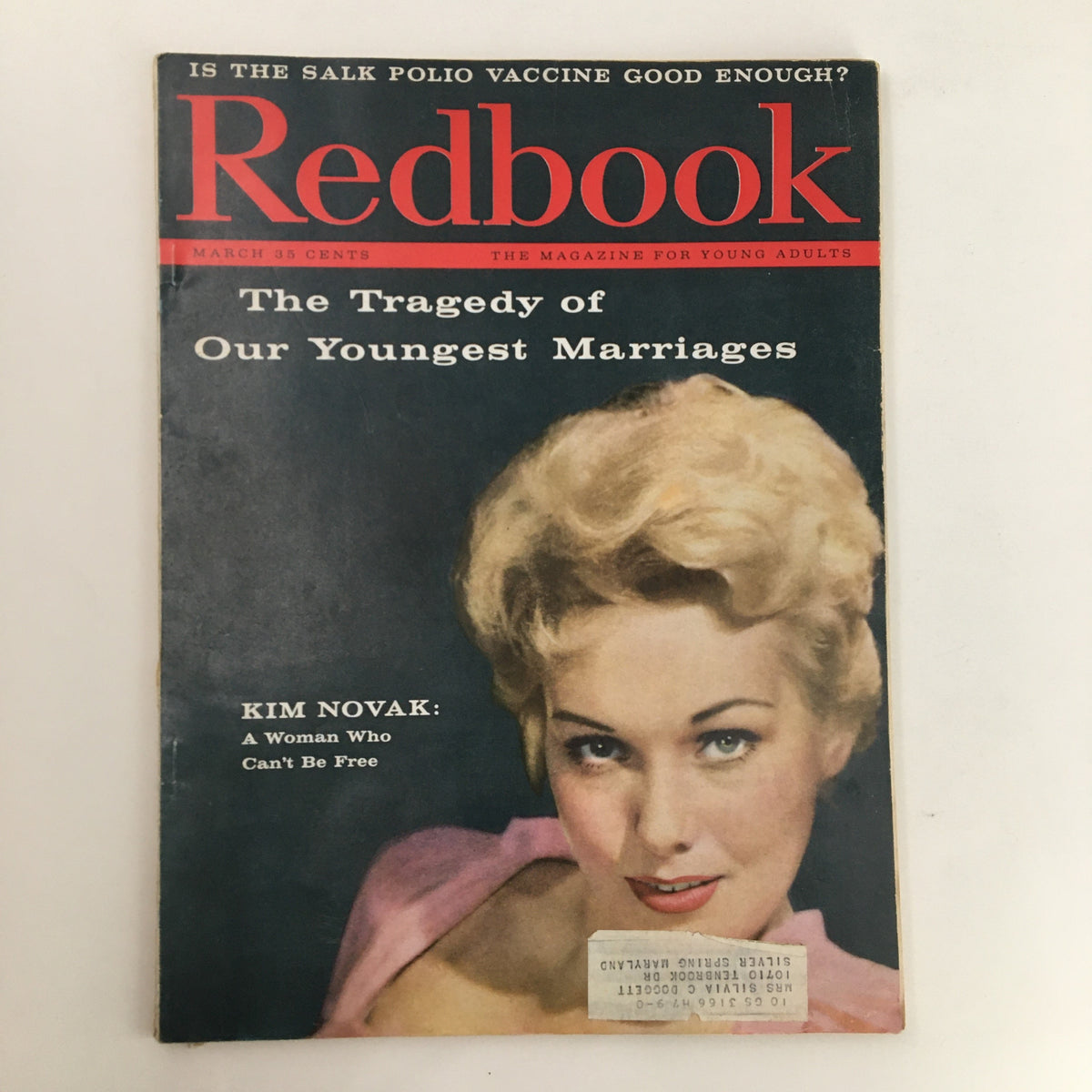 Cover of Redbook Magazine March 1959 featuring Kim Novak with the headline 'A Woman Who Can't Be Free'. The magazine discusses societal themes including the complexities of marriage and freedom.