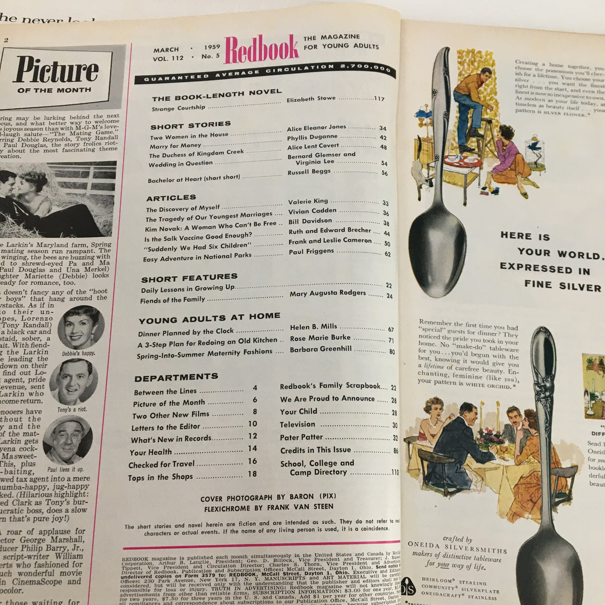 Interior page of Redbook Magazine March 1959 Vol. 112 No. 5 listing articles and features including 'The Tragedy of Our Youngest Marriages' and other engaging content reflecting the era's cultural discussions.