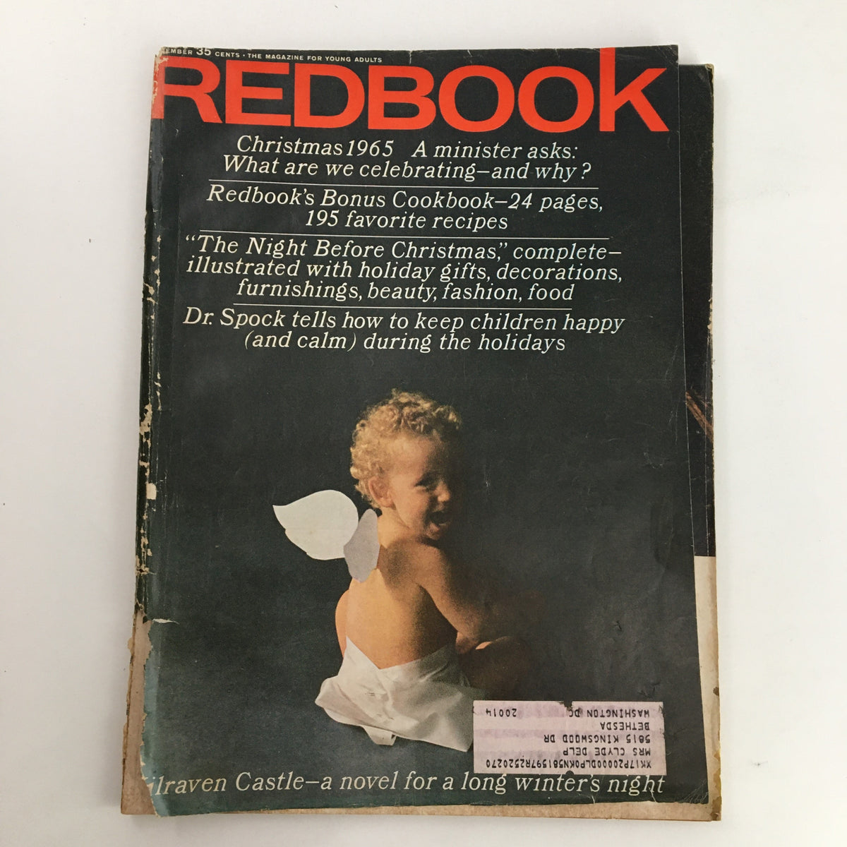 Cover of Redbook Magazine December 1965 featuring Dr. Spock's guide on keeping children happy during the holidays, with a child on the front and festive themes.