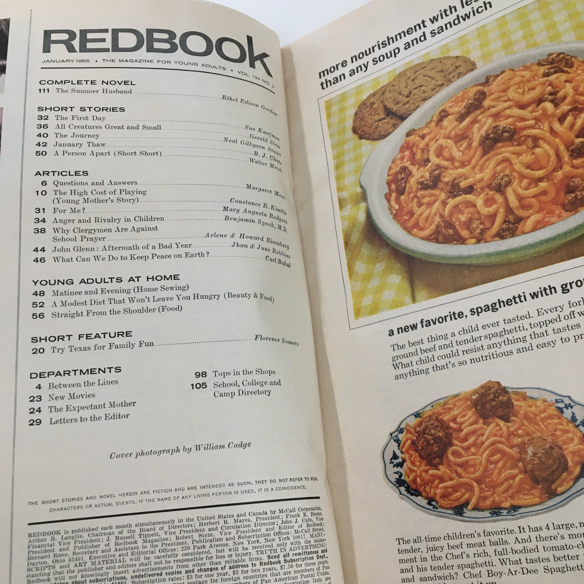 Interior page of Redbook Magazine January 1965 featuring the table of contents, short stories, articles, and a recipe for spaghetti with ground beef, highlighting 'The High Cost of Playing Young Mother's Story'.