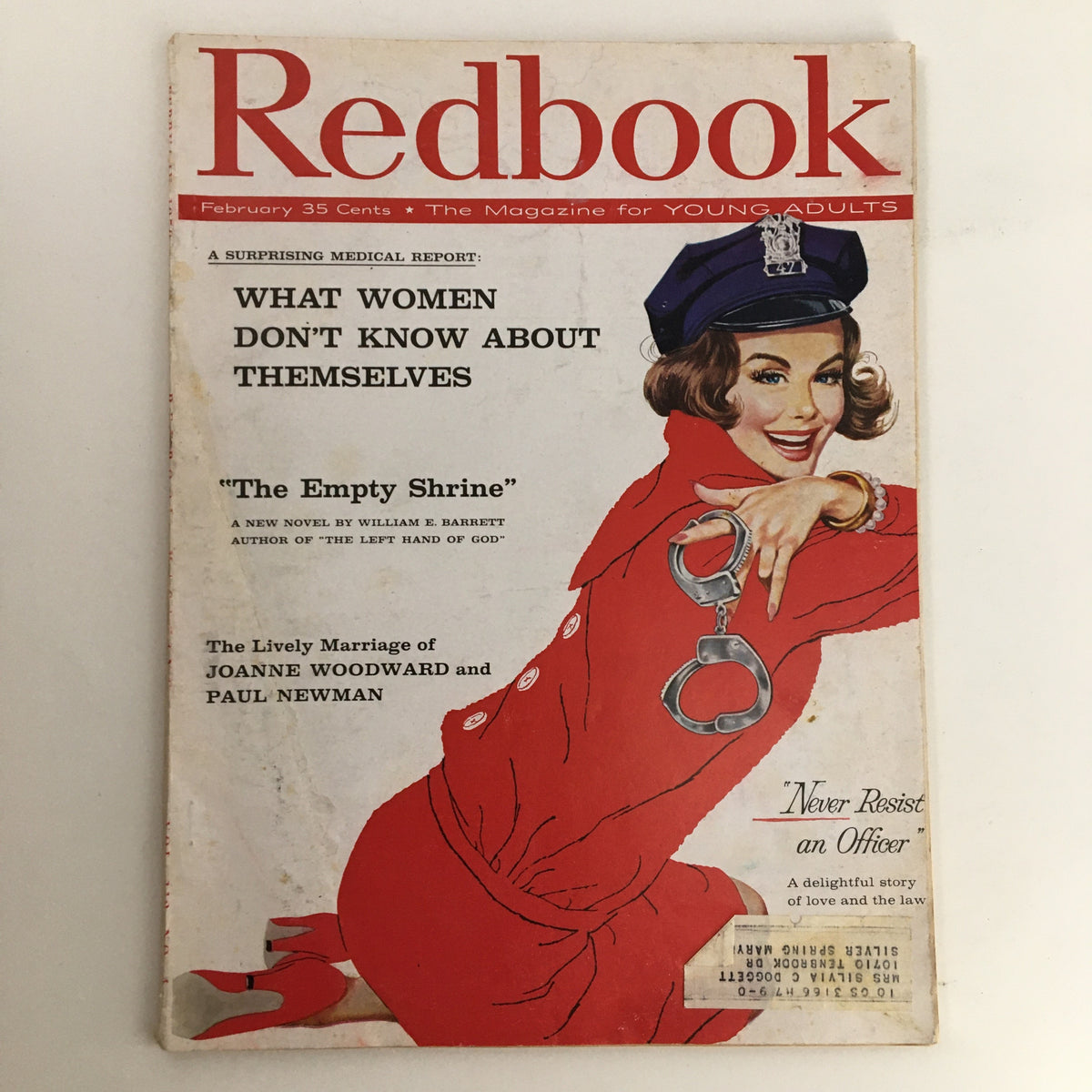 Cover of Redbook Magazine February 1959 featuring the lively marriage of Joanne Woodward and Paul Newman, illustrated with an image of a woman in a red dress.