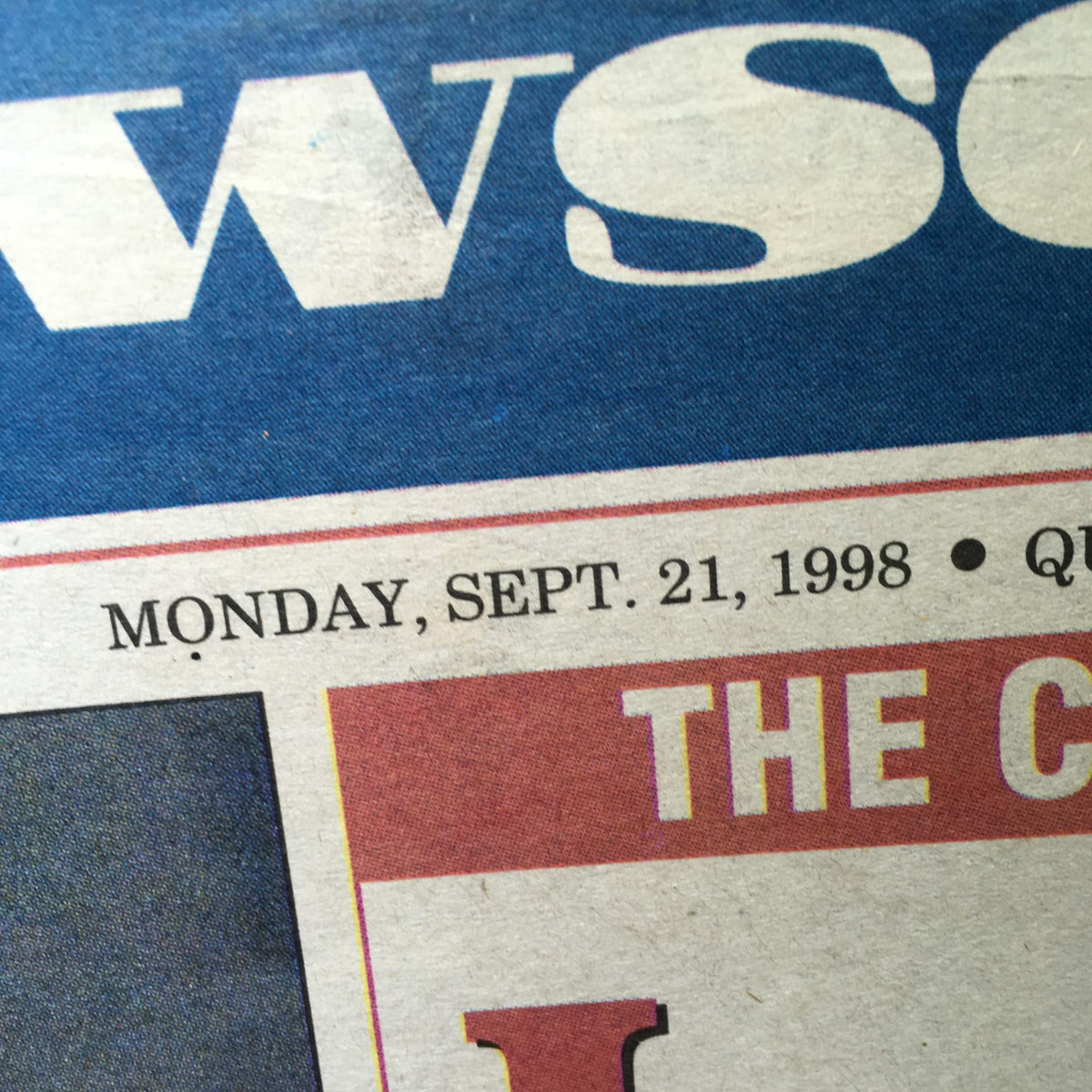 Close-up of the date on the Newsday newspaper from September 21, 1998, highlighting the title 'In His Own Words'.