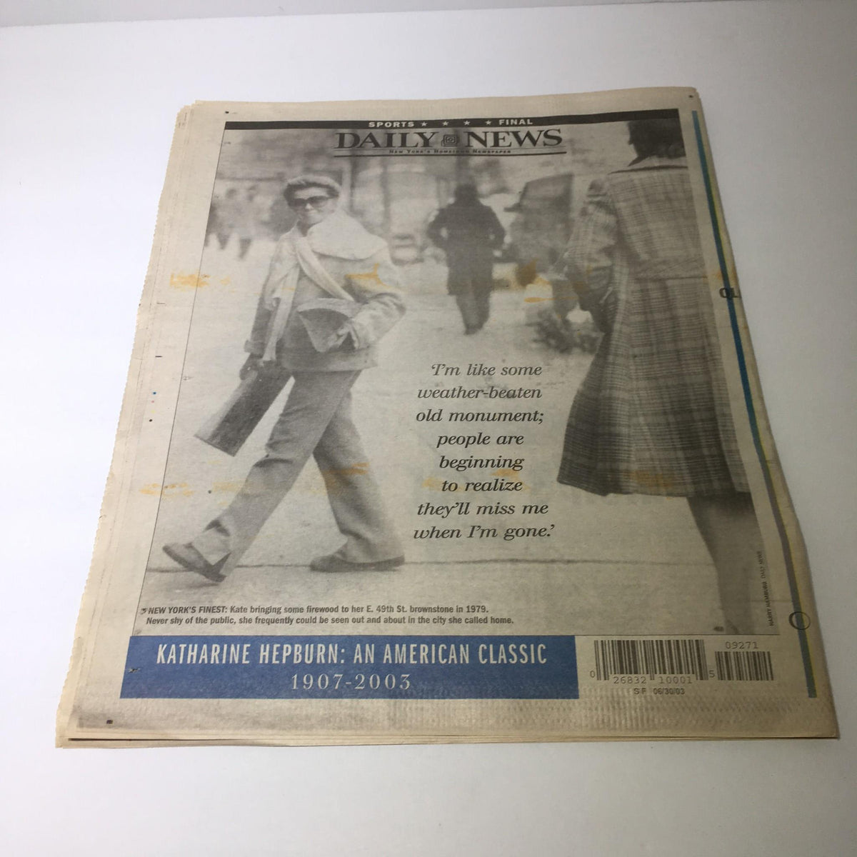 Back side of NY Daily News from June 30, 2003, with a quote about weather-beaten monuments and a focus on Katharine Hepburn.