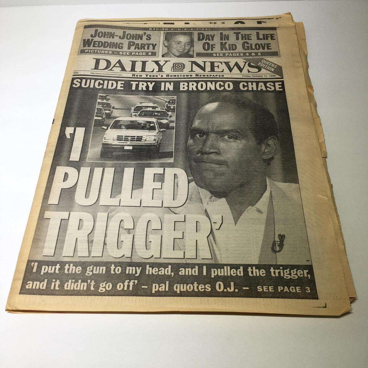 NY Daily News front page from October 11, 1996, featuring the headline 'I PULLED TRIGGER' related to a suicide attempt during a Bronco chase.