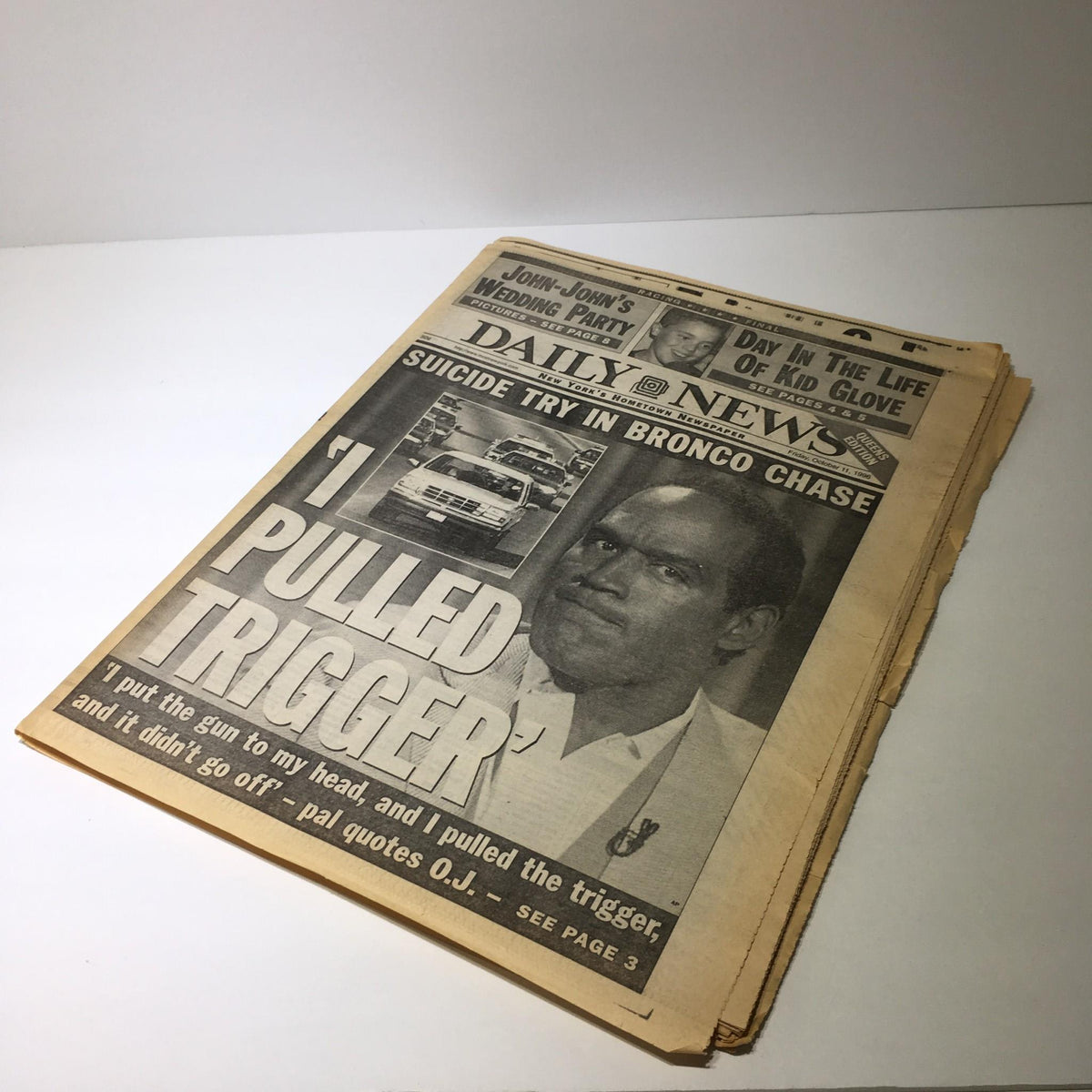 NY Daily News headline from October 11, 1996, featuring the story 'I Pulled Trigger' related to a suicide attempt during a Bronco chase. The newspaper is in excellent condition with mild wear at edges.