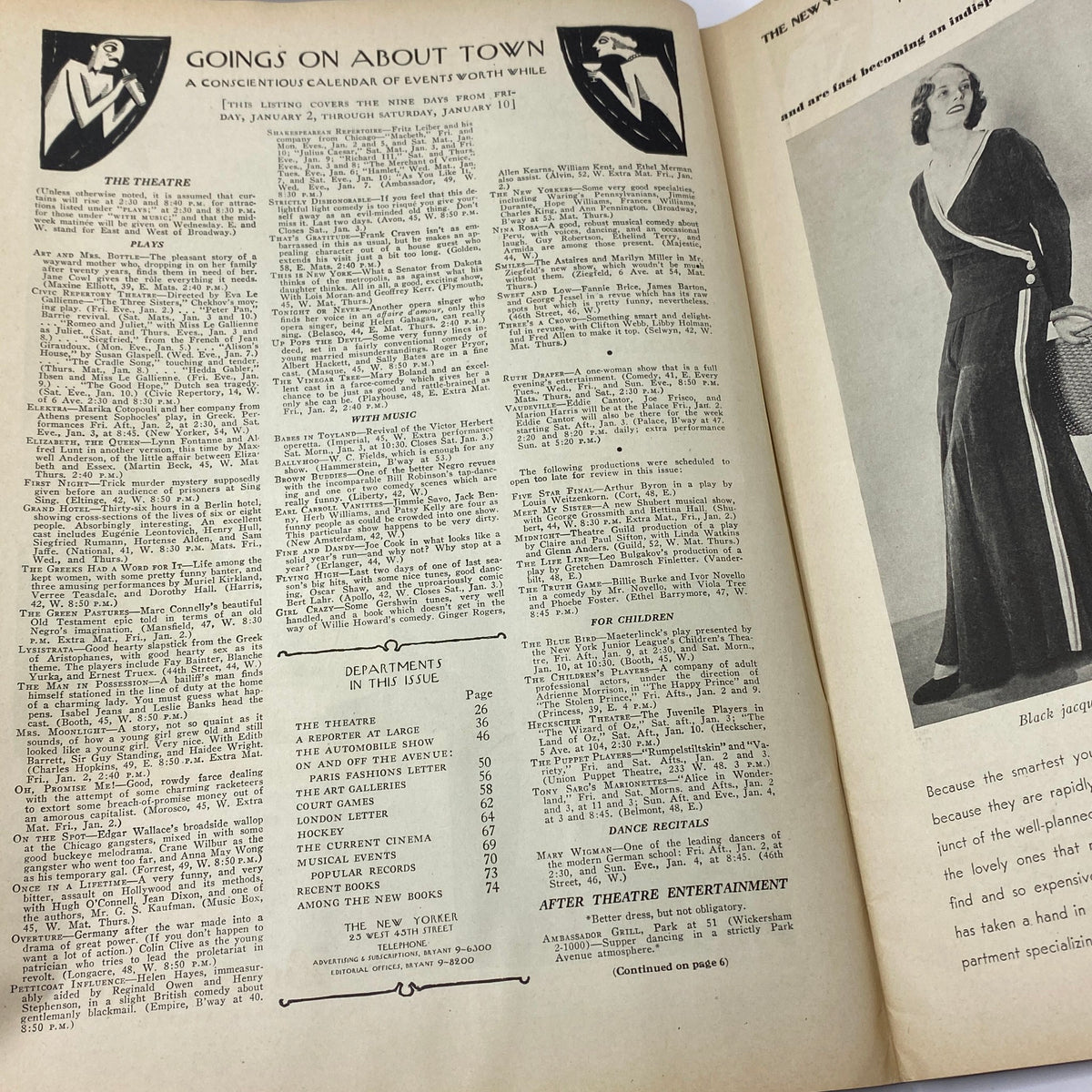 Inside pages of The New Yorker magazine from January 3, 1931, featuring a calendar of events with elegant black and white illustrations.