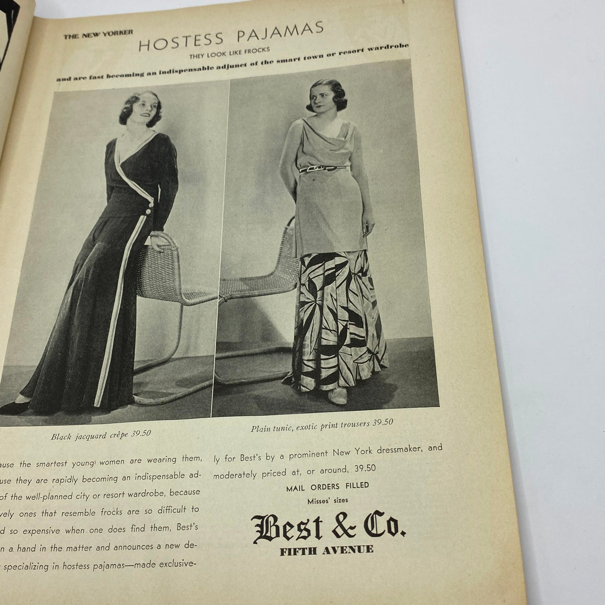 A fashion advertisement from The New Yorker magazine January 3, 1931, showcasing hostess pajamas with a vintage aesthetic, designed for stylish women.
