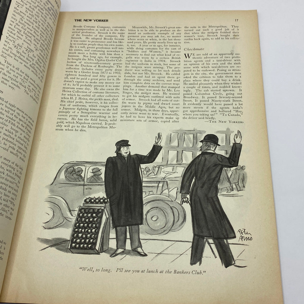Illustration from The New Yorker, January 17, 1931, featuring a humorous scene by Peter Arno of two men conversing on a city street.