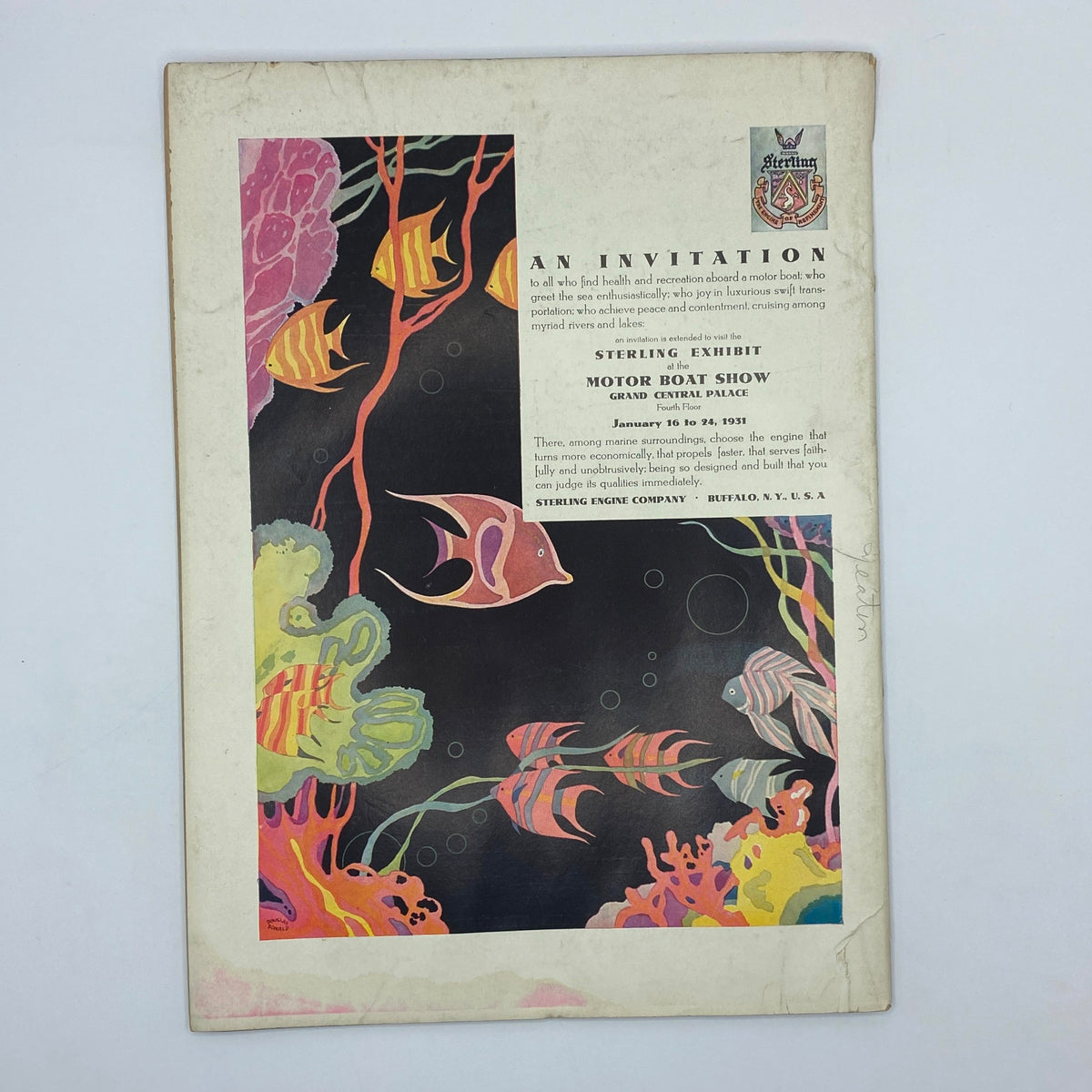 Back cover of The New Yorker, January 17, 1931, displaying an advertisement for the Sterling Exhibit at the Motor Boat Show with colorful underwater illustrations.