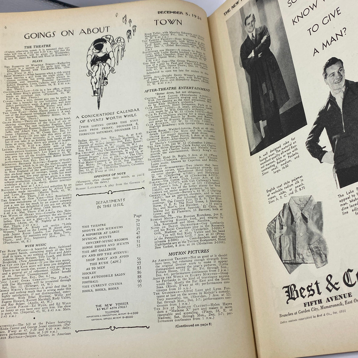 Inside pages of The New Yorker Complete Magazine December 5, 1931 showcasing events and entertainment listings.