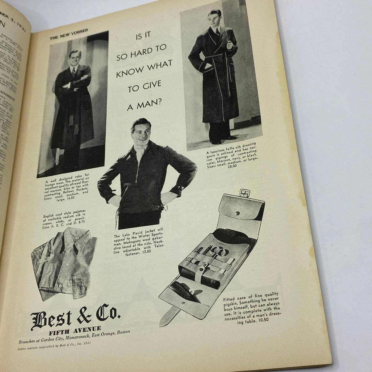 Best & Co. advertisement from The New Yorker Complete Magazine December 5, 1931 featuring clothing for men.
