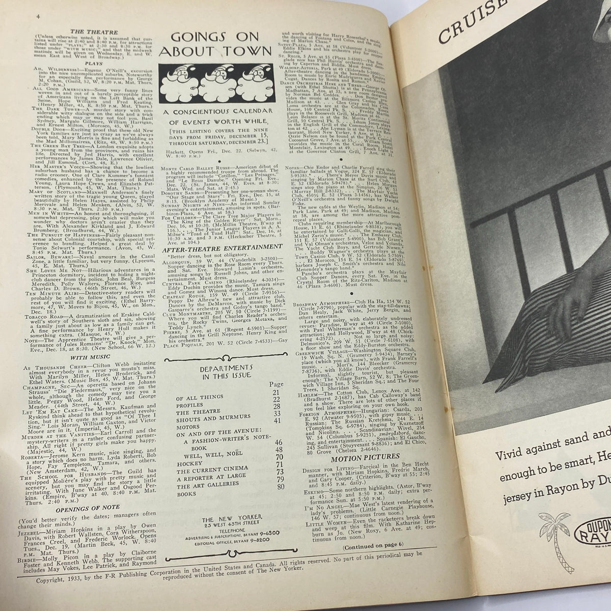 Interior page of The New Yorker Complete Magazine December 16, 1933 featuring theatre listings and events under the 'Goings On About Town' section, showcasing vintage typography and layout.