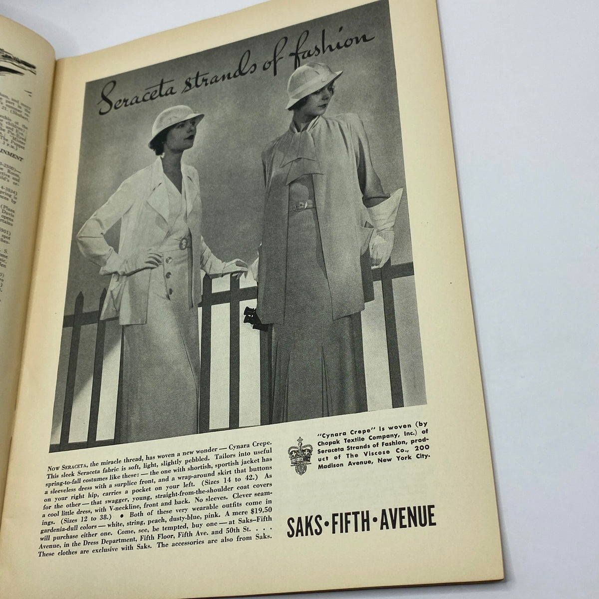 Fashion advertisement for Seraceta featuring two women modeling stylish outfits, taken from The New Yorker magazine, May 20, 1933.