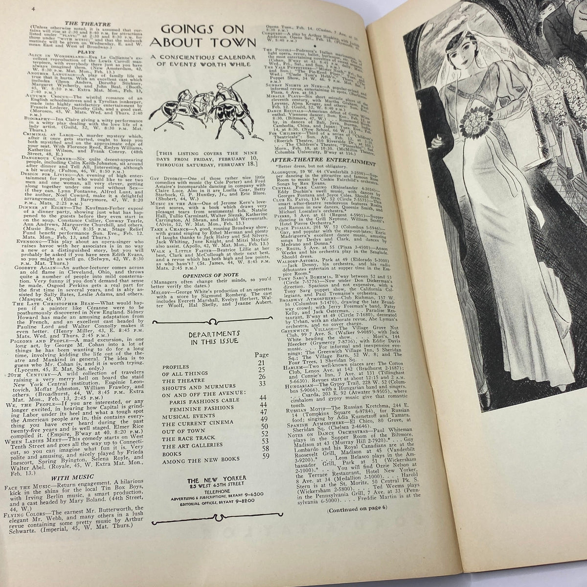Interior page of The New Yorker Complete Magazine February 11, 1933 featuring listings for 'Goings On About Town' and various events, showcasing the vintage layout and detailed text of the publication.