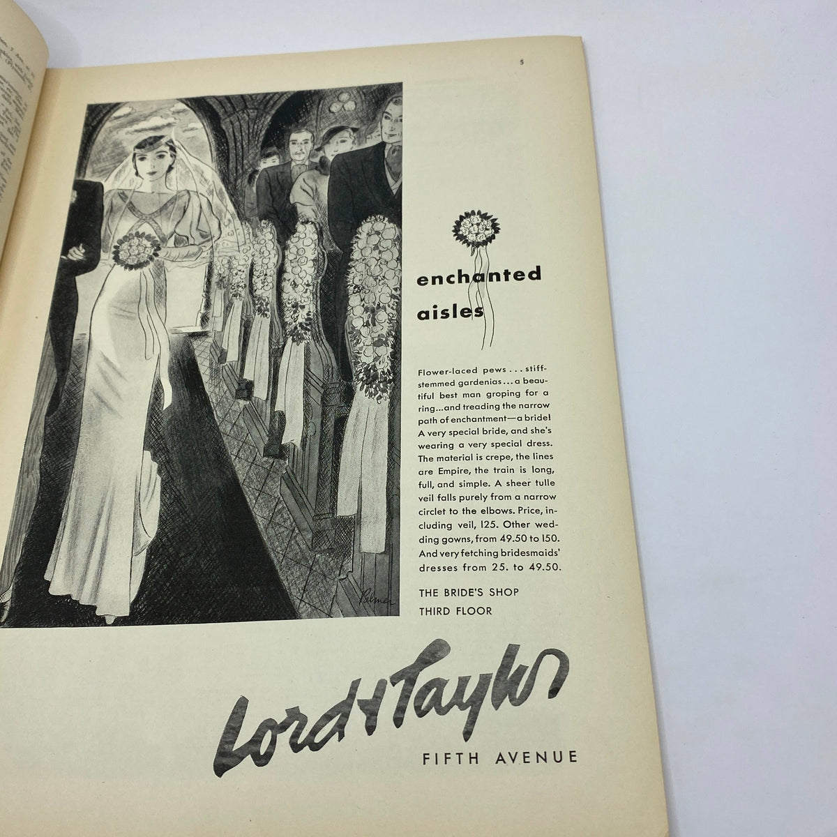 Vintage advertisement from The New Yorker magazine featuring wedding fashion for brides, with a focus on a bride wearing a stunning gown. Original title: The New Yorker Complete Magazine February 11, 1933 Constantin Alajalov Cover.