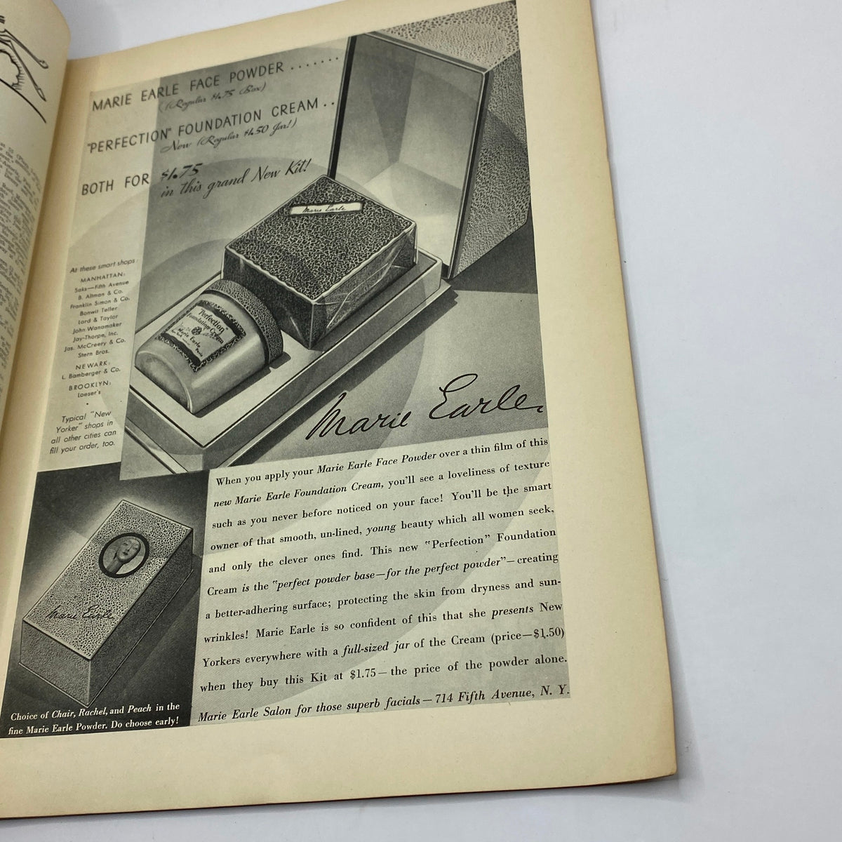 Ad for Marie Earle Face Powder and Perfection Foundation Cream from The New Yorker magazine June 3, 1933, highlighting beauty products with an elegant display.