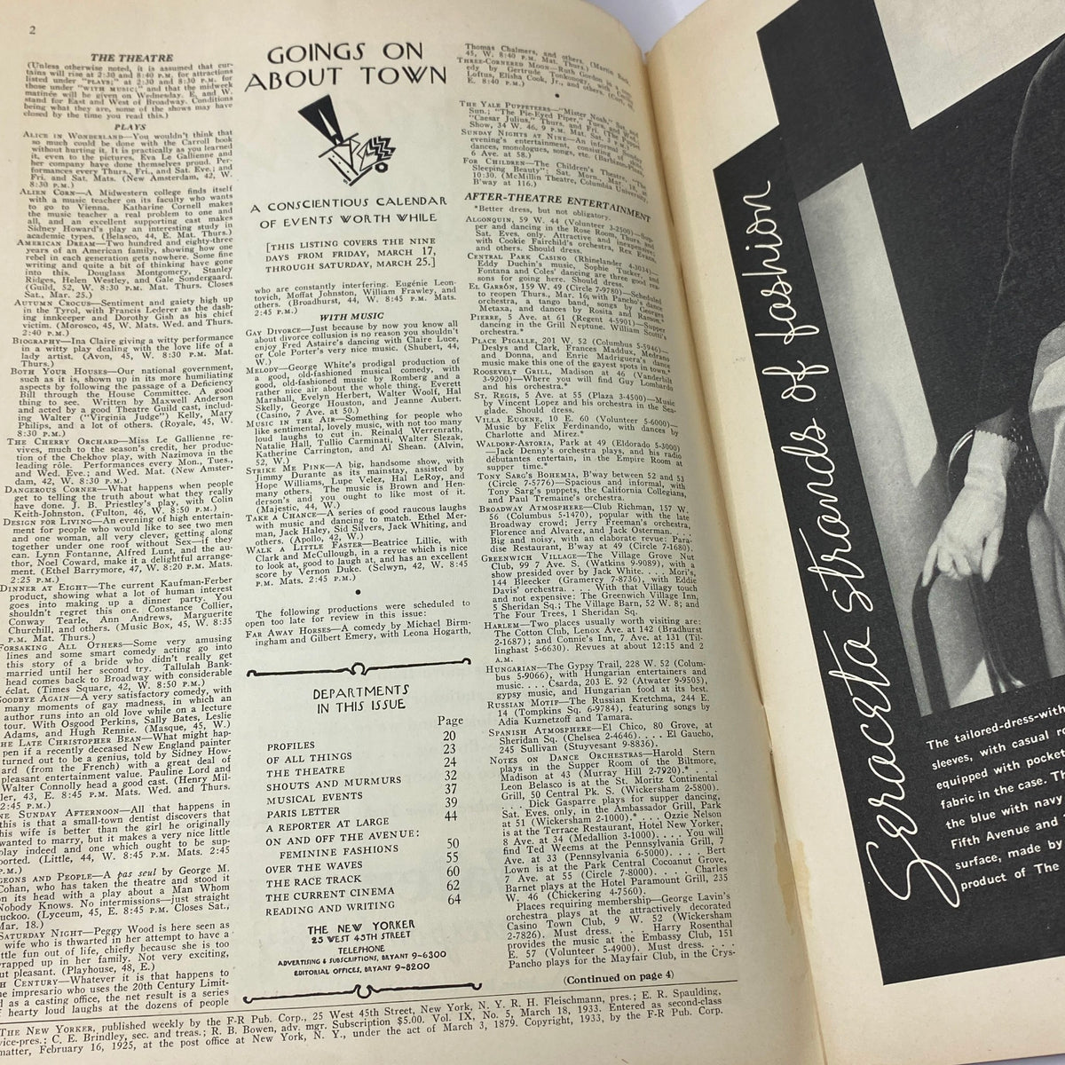 Inside page of The New Yorker Complete Magazine March 18, 1933 featuring a calendar of events and artistic design.