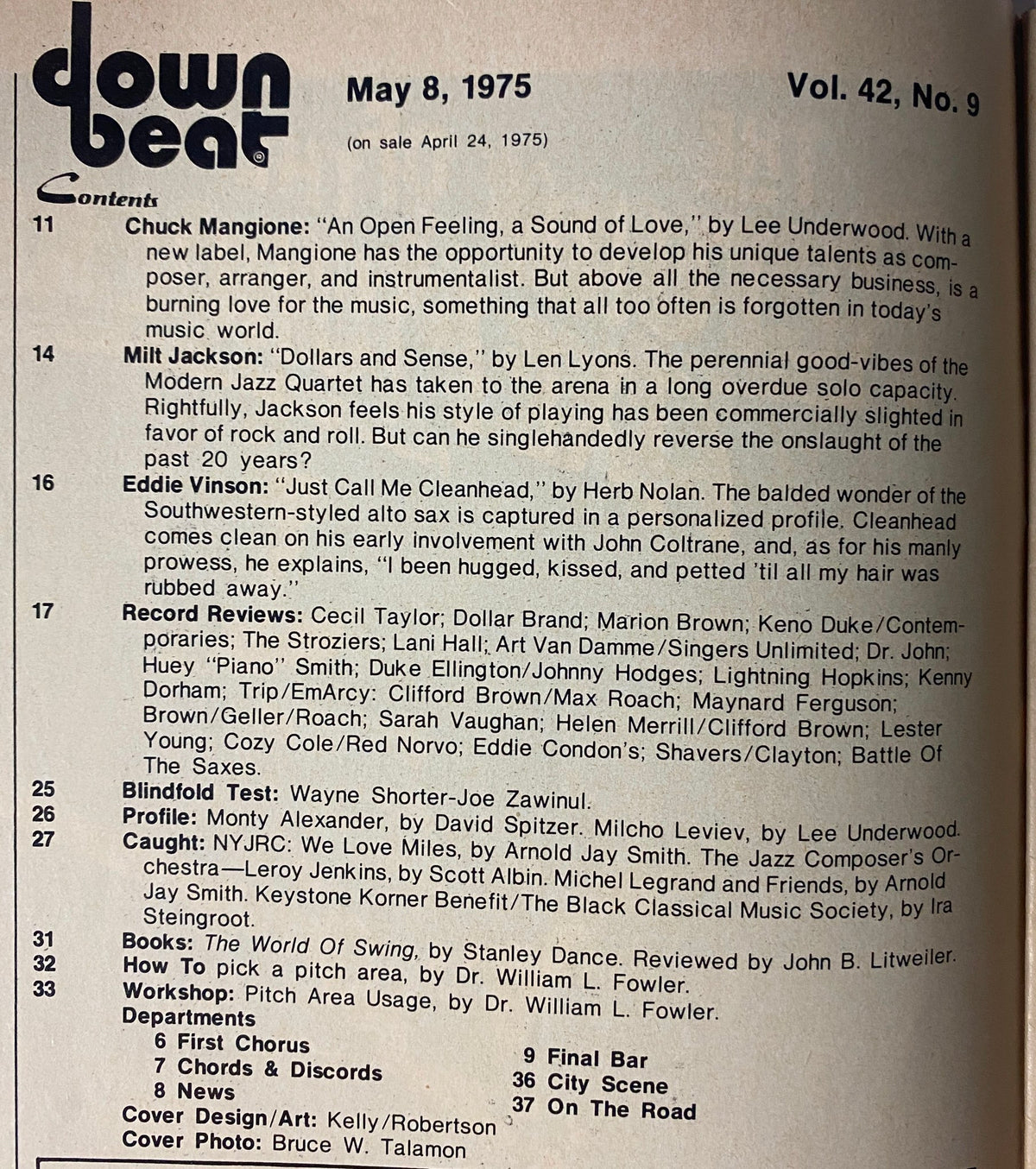 Interior page of Down Beat Magazine May 8, 1975 displaying the table of contents including articles on Chuck Mangione, Milt Jackson, and Eddie Vinson.