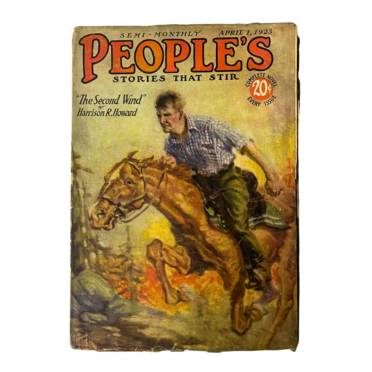Cover of People's Magazine, April 1, 1923 featuring the title and artwork for 'The Second Wind' by Harrison R. Howard, depicting a man riding a horse.